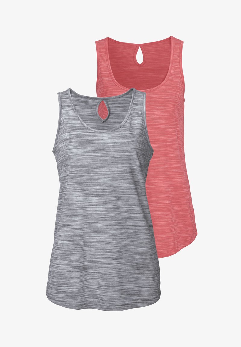 Two tank tops: one gray with a heathered texture and cut-out back detail, the other coral with a similar design. Both feature a relaxed fit.