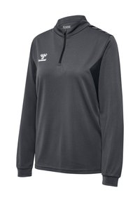 Mørkegrå sportspullover med lange ærmer og kvart lynlås, sorte sidepaneler og hvid hummel-logo på venstre bryst og kraveindvendigt.