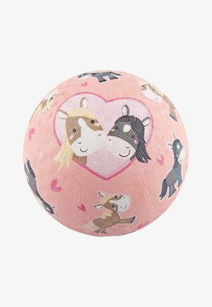 Runder pinkfarbener Gummiball mit strukturiertem Oberflächen, das Pferdeillustrationen und Herzen zeigt. Besitzt helle Farben und verspielte Muster.