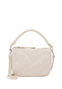 Sac à main beige avec une texture matelassée, une poignée supérieure courte et une bandoulière amovible. Il présente des accents lisses et une fermeture zippée.