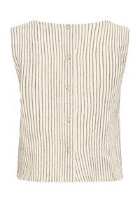 Haut sans manches beige avec des rayures noires verticales et une rangée centrale de six boutons beige dans le dos.