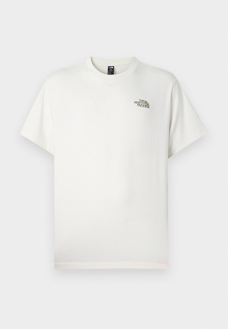 T-shirt en coton blanc à manches courtes, col rond, avec un petit logo imprimé sur la poitrine gauche. Texture lisse, coupe décontractée.