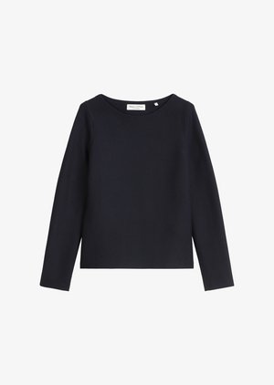 Navy long-sleeve top with a round neckline, made of textured fabric. Features a straight fit with a small label at the back.