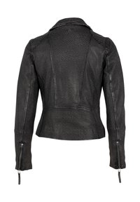 Zwarte leren jas met een gestructureerd dierenprintpatroon. Heeft een aansluitend ontwerp, een puntige kraag en ritssluitingen aan de manchetten. Achteraanzicht weergegeven.