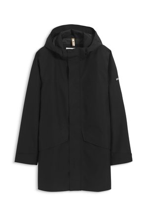 Schwarze wasserdichte Parka-Jacke mit Kapuze, die eine Frontöffnung und Seitentaschen aufweist, aus glattem, leichtem Material gefertigt.