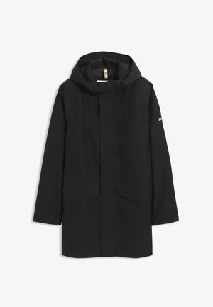Parka impermeabile nera con cappuccio, dotata di apertura frontale e tasche laterali, realizzata in materiale leggero e liscia.