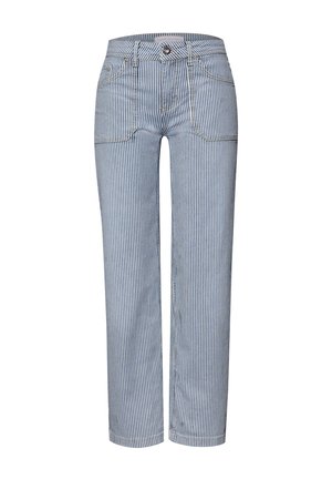 Pantalon droit à rayures verticales bleues et blanches avec poches plaquées à l'avant, passants pour ceinture et taille à fermeture par bouton.