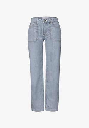 Pantalon droit à rayures verticales bleues et blanches avec poches plaquées à l'avant, passants pour ceinture et taille à fermeture par bouton.