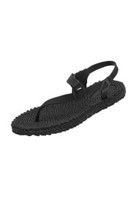 Black woven sandals with a textured sole, a thong design, and an adjustable strap for secure fit. Simple and functional design elements.
