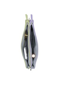 Two zippered pouches, one green and one purple, with gray interiors, each containing a phone, a wallet, and a decorative item.