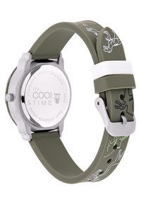 Grünes Silikonarmband mit Tiergrafiken, Edelstahl-Gehäuseboden, rundem Zifferblatt und silberfarbener Hardware. Wasserdicht bis 3 ATM.
