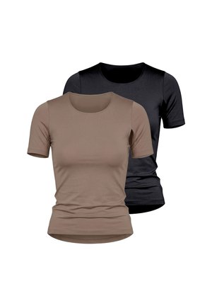 Two plain short-sleeve crew neck t-shirts, one brown in front and one black behind, displayed on a white background.