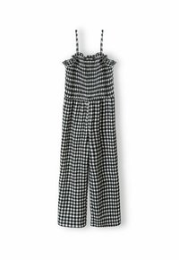 Combinaison en noir et blanc à carreaux vichy avec bretelles fines, col froncé, corsage froncé et pantalons à jambes larges. Tissu léger avec motif à carreaux.