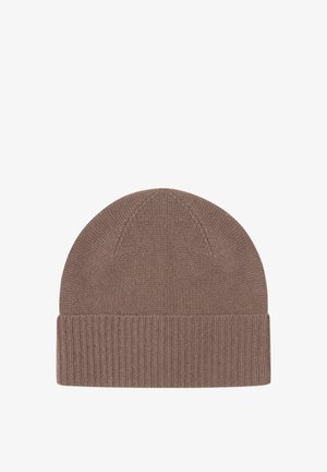 Braune gestrickte Mütze mit umgeschlagenem Rippbündchen, nahtlosem, abgerundetem Oberteil und strukturiertem Strickmuster.