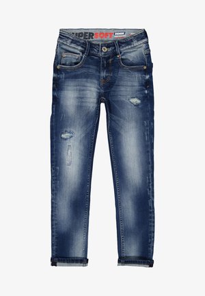 Tmavě modré džíny s úzkým střihem z denimu s vybledlým efektem, potrhanými částmi na stehnech, předními kapsami a zapínáním na knoflíky v pase.