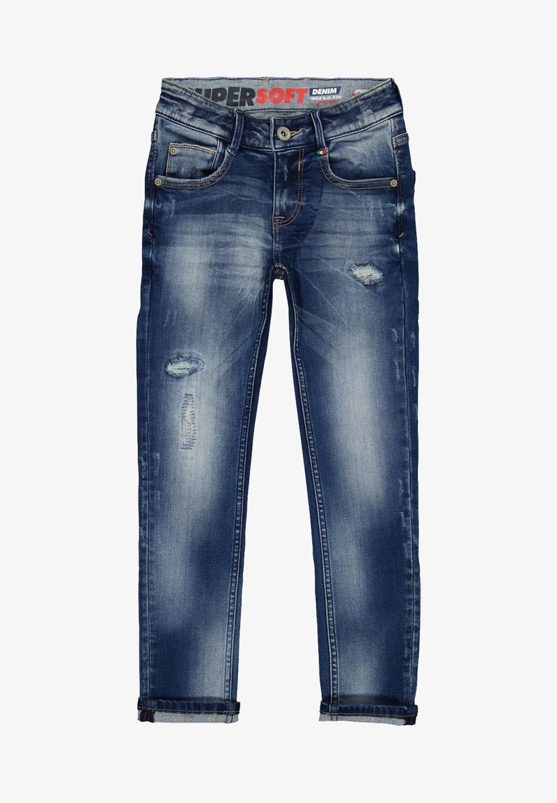 Vaqueros ajustados de mezclilla azul oscuro con lavado desgastado, parches desgastados en los muslos, bolsillos delanteros y cierre de botón en la cintura.