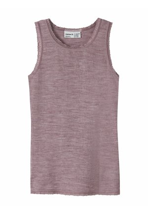 Débardeur mauve clair avec un tissu texturé, un décolleté et des emmanchures festonnés, avec un ourlet légèrement arrondi en bas.
