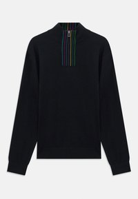 Pullover nero a maniche lunghe con collo a mezza zip, caratterizzato da strisce verticali multicolori sulla patta e all'interno del collo.