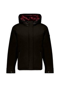 Veste noire à capuche avec une finition brillante. Doublure intérieure rouge, fermeture éclair sur le devant et deux poches latérales. Les poignets disposent de boutons-pression réglables.