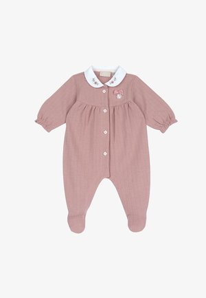 Tutina rosa in cotone con maniche lunghe, colletto bianco con ricami floreali, bottoni frontali e design con piedi. Include un piccolo fiocco come dettaglio.