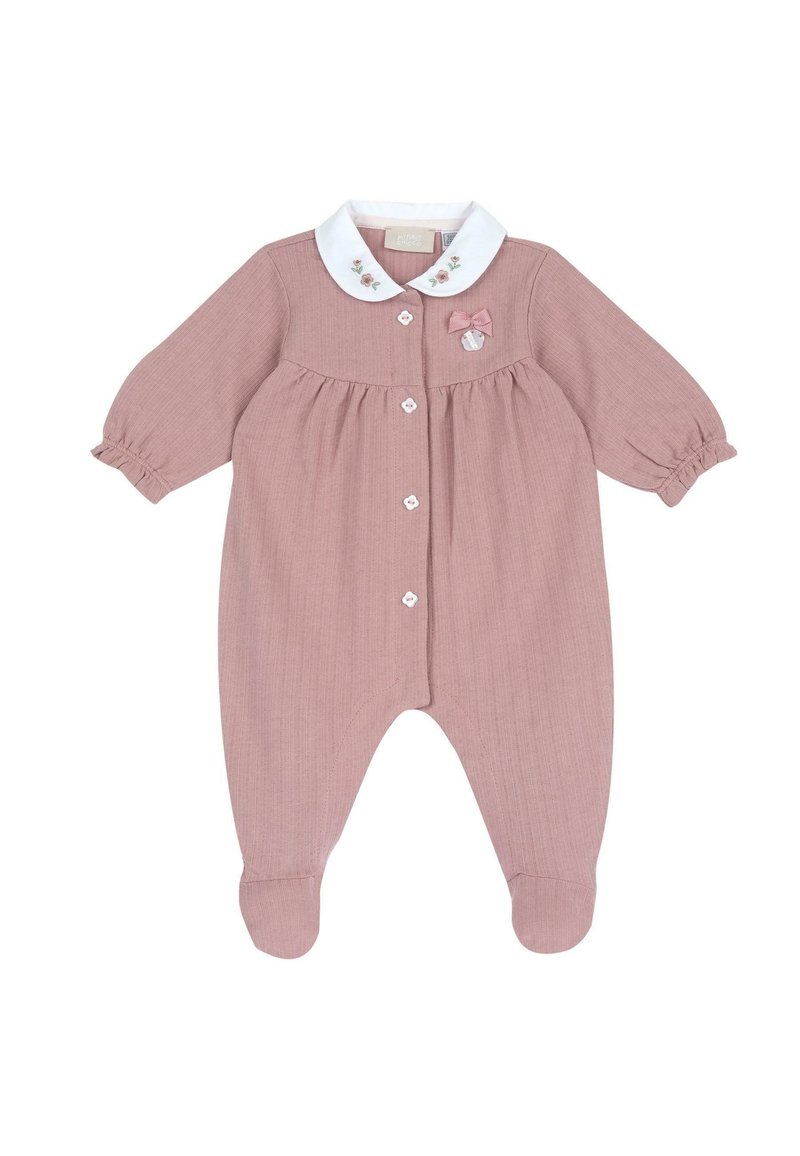 Grenouillère en coton rose à manches longues, col blanc avec broderie florale, boutons sur le devant et design pied. Comprend un petit accent en forme de nœud.