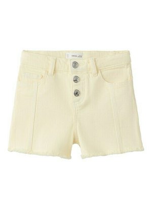 Krémové rifľové šortky s tromi kovovými gombíkmi vpredu, pútkami na opasok, prednými vreckami a detailmi s neupraveným lemom.