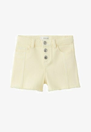 Roomkleurige denim shorts met drie metalen knopen aan de voorkant, riemlussen, voorzakken en een onafgewerkte zoom.