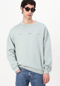 Light green sweatshirt with long sleeves, ribbed cuffs, and crew neckline. Features subtle branding on chest, paired with denim jeans.