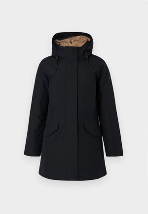 Μαύρο αδιάβροχο μπουφάν με κουκούλα, με μαλακή μπεζ επένδυση, δύο μπροστινές τσέπες και ίσια εφαρμογή. Ρυθμιζόμενο κορδόνι στην κουκούλα.