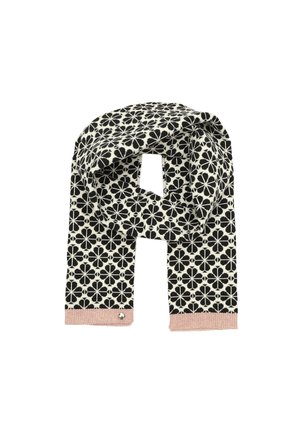 Czarnobiały szal w kwiatowy wzór z jasnoróżowymi frędzlami na końcach, rozłożony na płasko i luźno złożony na środku.