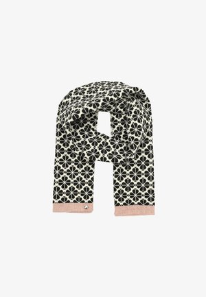 Écharpe à motifs floraux en noir et blanc avec extrémités à franges rose clair, étalée à plat et légèrement pliée au centre.