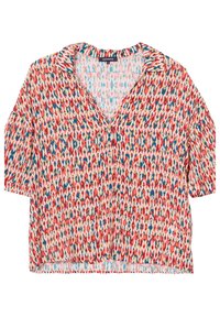 Blusa de manga corta y escote en V en tejido ligero, con un patrón en rojo, azul y crema, que presenta formas irregulares y un corte relajado.