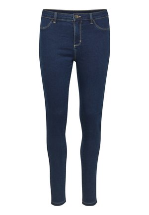 Dunkelblaue Skinny Jeans aus Denim, mit hoher Taille, fünf Taschen und kontrastierenden gelben Nähten.