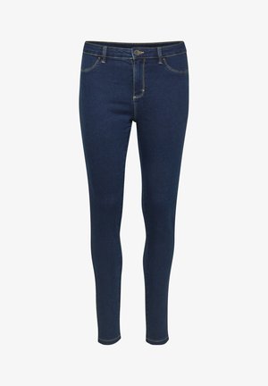 Tamsiai mėlynos džinsinės kelnės, priglundančios prie kūno, su aukštu liemeniu, penkių kišenių dizainu ir kontrastinga geltona siūle kogu kelnėmis.