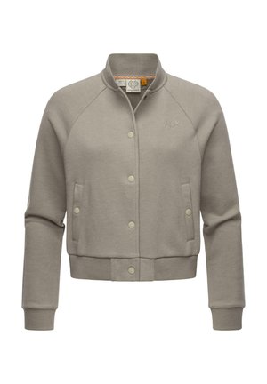 Jasnoszara bomberka damska z napami, prążkowanym kołnierzem i mankietami, przednimi kieszeniami oraz subtelnym haftowanym logo na piersi.
