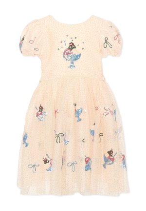 Jasnoróżowa tiulowa sukienka z bufkami, ozdobiona wzorami z cekinowymi lodami sundae i kokardkami na całej powierzchni.