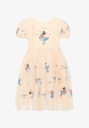 Robe en tulle pêche clair avec manches bouffantes, décorée de motifs de coupes glacées à sequins et de nœuds partout.