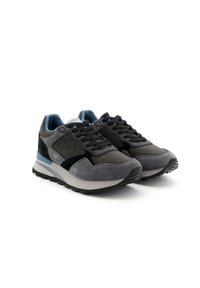 Sneaker grigie e nere con superfici in suede e mesh, dotate di un tallone imbottito, suola testurizzata e accenti blu a contrasto.