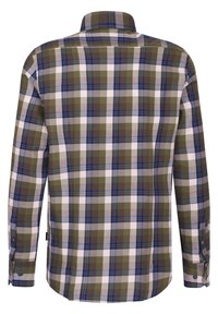 Langarmhemd mit grünem, blauem und weißem Karomuster sowie einem knöpfbaren Kragen und Manschetten. Aus weichem Stoff gefertigt; hat einen abgerundeten Saum und saubere Nähte.