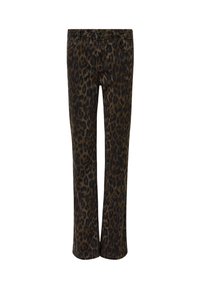 Pantalon slim marron foncé avec motif léopard noir, bouton devant, fermeture éclair et passants de ceinture.