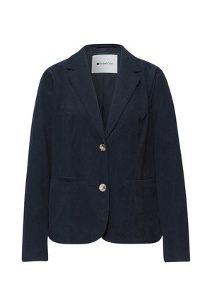 Blazer ajusté bleu marine pour femme avec deux boutons, revers à crans, poches avant, et étiquette "Street One" à l'intérieur du col.