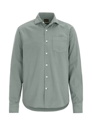 Camicia a maniche lunghe, con bottoni, di colore verde chiaro, realizzata in un tessuto morbido; presenta una tasca sul petto e orlo arrotondato. Design del colletto classico.