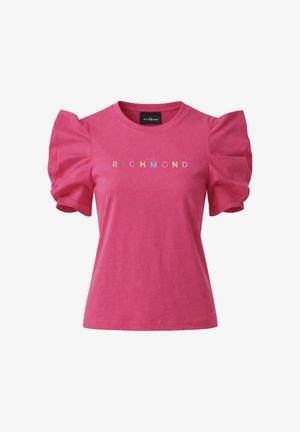 Camicia rosa a maniche corte con maniche a sbuffo e testo multicolore "John Richmond" centrato sul petto.