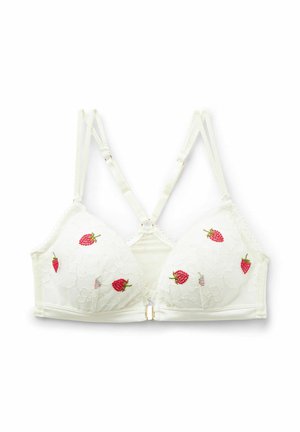 Weißer Spitzen-Bralette mit vorderem Verschluss, doppelten, verstellbaren Schulterriemen und kleinen, bestickten roten Erdbeeren auf den Körbchen.