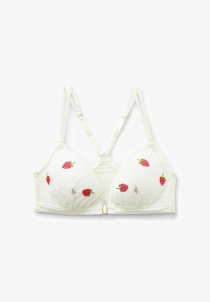 Witte kanten bralette met voorste sluiting, dubbele verstelbare schouderbandjes en kleine geborduurde rode aardbeien op de cups.