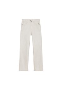 Ljust beige denimjeans med rak bendesign, har fem fickor och detaljer i silverfärg. Mjuk textur med minimal sömnad.