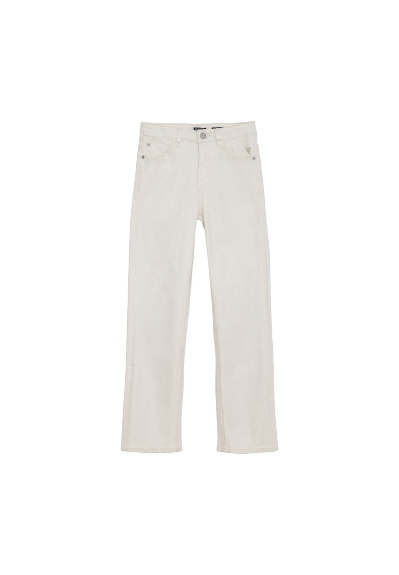 Ljust beige denimjeans med rak bendesign, har fem fickor och detaljer i silverfärg. Mjuk textur med minimal sömnad.