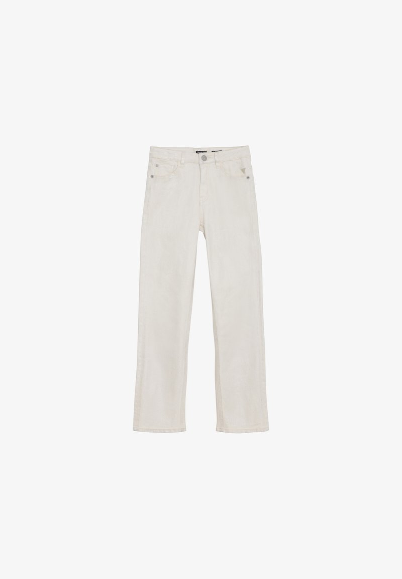 Jasno beżowe dżinsy z prostymi nogawkami, posiadają pięć kieszeni i srebrne detale. Miła w dotyku tkanina z minimalnym przeszyciem.