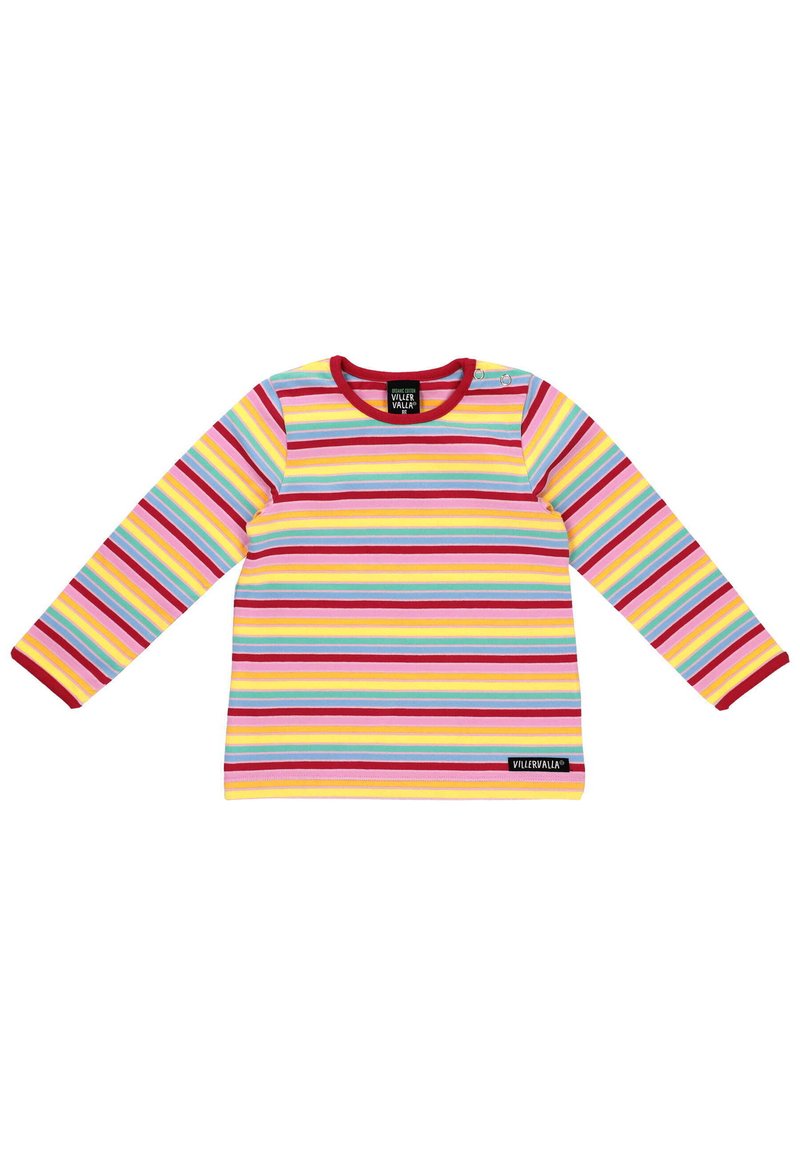 Langärmliges gestreiftes T-Shirt in Gelb, Rot, Blau und Pink. Verfügt über einen runden Halsauschnitt mit rotem Saum und einem Logotag am Saum.