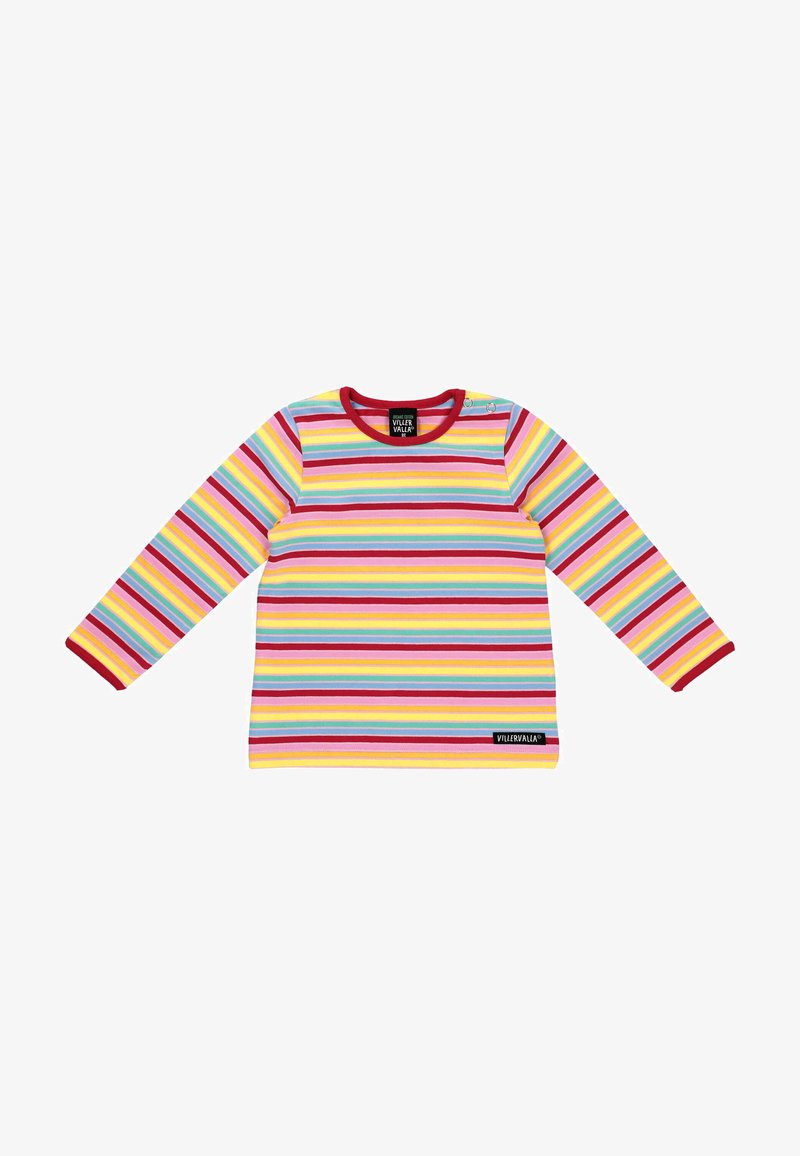 Langärmliges gestreiftes T-Shirt in Gelb, Rot, Blau und Pink. Verfügt über einen runden Halsauschnitt mit rotem Saum und einem Logotag am Saum.